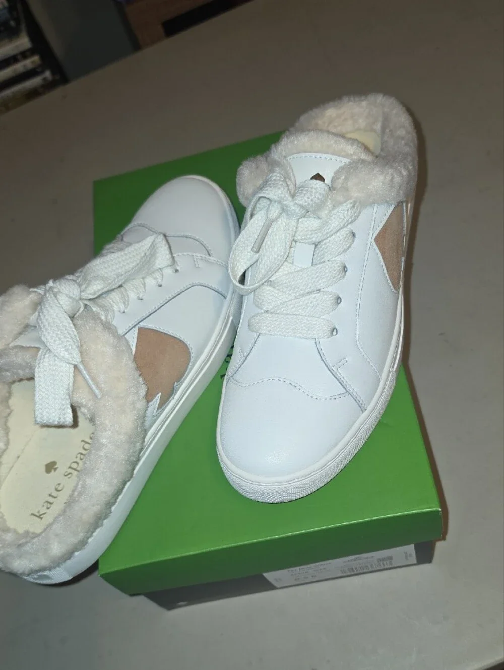 Kate Spade White Leather Sneakers with Tan Heart Detail